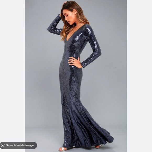 Lulus long sleeve navy sequin gown - Picture 2 of 4